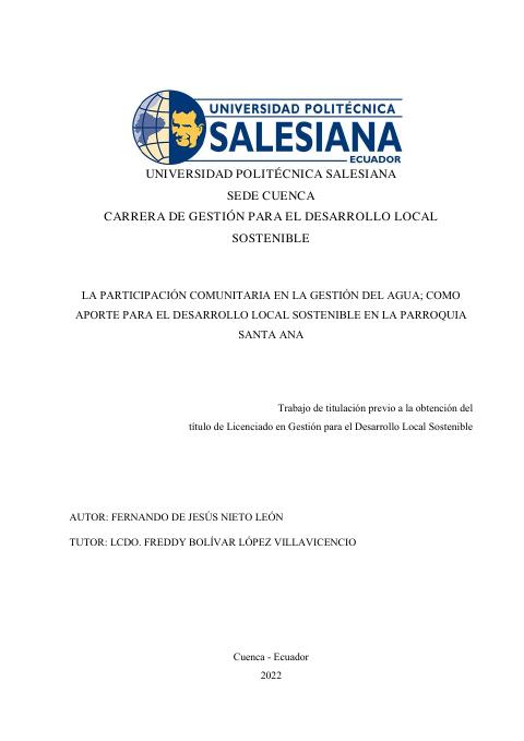 Preview: La participación comunitaria en la gestión del agua; como aporte para el desarrollo local sostenible en la parroquia Santa Ana