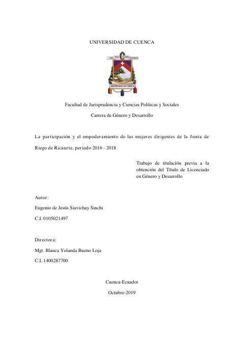 Preview: La participación y el empoderamiento de las mujeres dirigentes de la Junta de Riego de Ricaurte, periodo 2016 - 2018