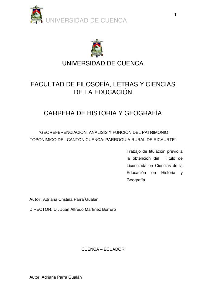 Preview: Georeferenciación, análisis y función del patrimonio toponímico del cantón Cuenca: parroquia rural de Ricaurte