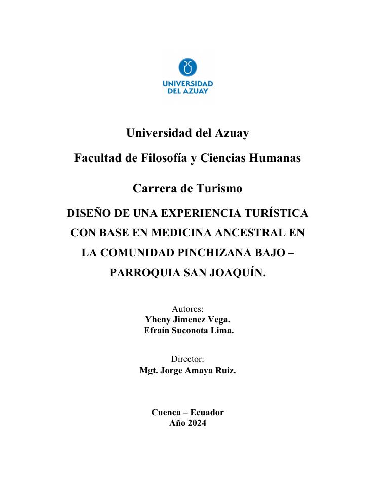 Preview: Diseño de una experiencia turística con base en medicina ancestral en la comunidad Pinchizana Bajo: parroquia San Joaquín