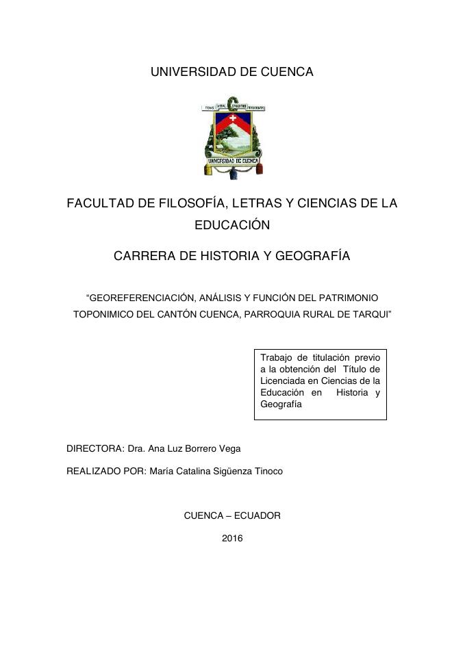 Preview: Georeferenciación, análisis y función del patrimonio toponímico del cantón Cuenca: parroquia rural de Tarqui