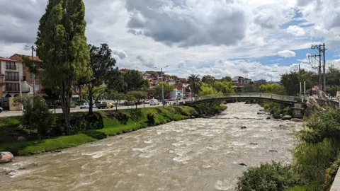 A muddy river runs through a city park with trees and buildings beyond.