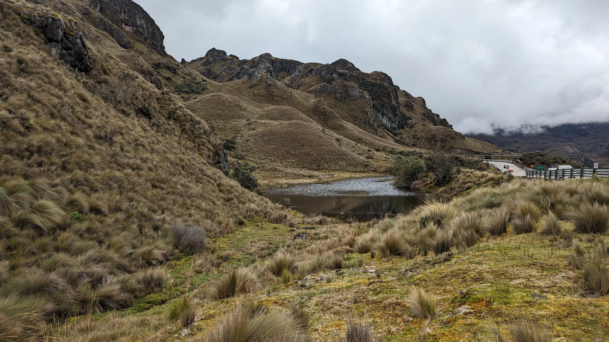 Small highland lake below rocky páramo slopes. The water body is not securely named.