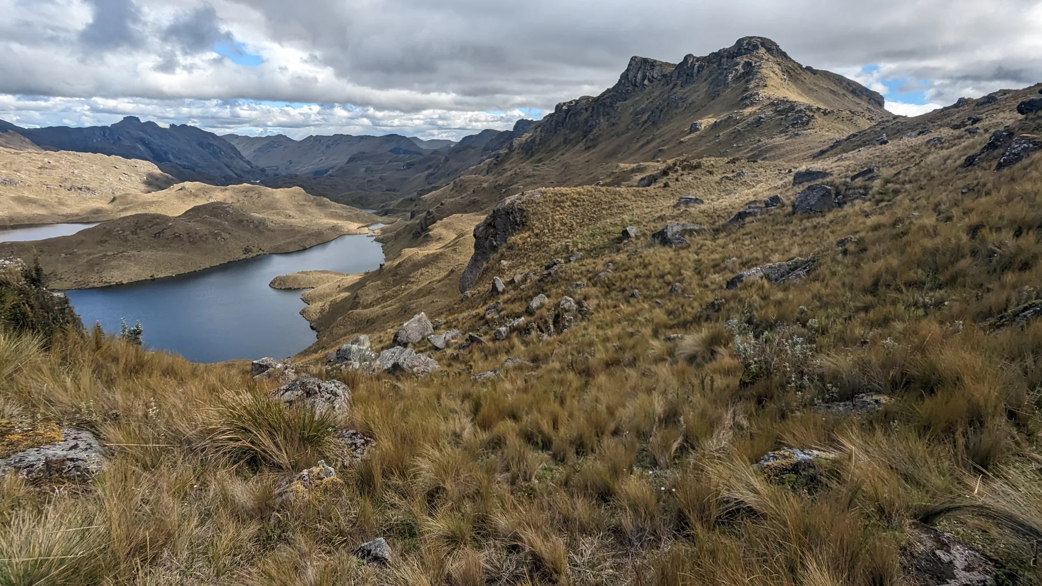 A lagoon below a grassy ridge