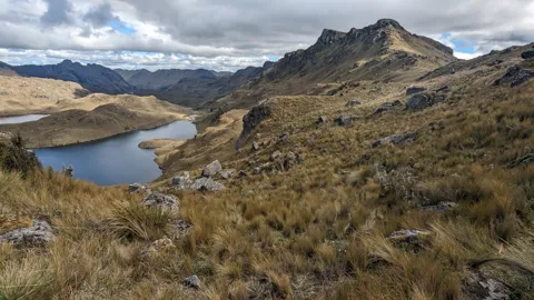 A lagoon below a grassy ridge