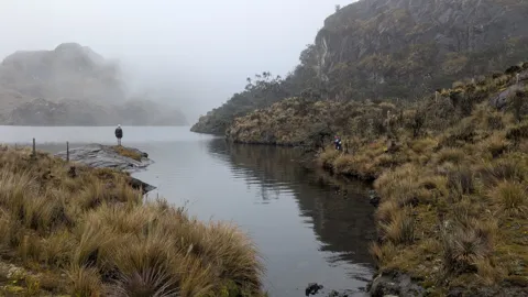 Foggy lake outlet in páramo. The water body is not securely named.