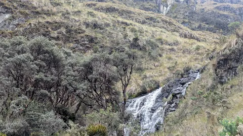 White water below a rocky hillside