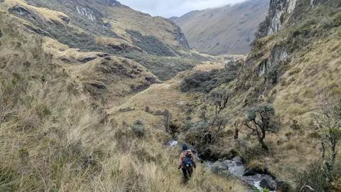 A winding valley between steep slopes