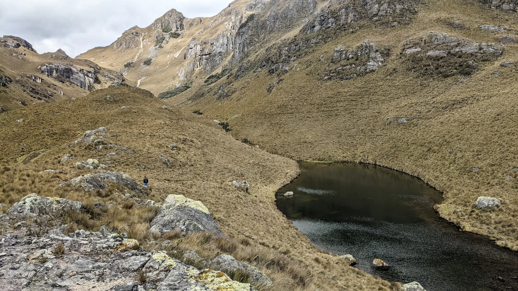 Mountain lake below rocky peaks. The water body is not securely named.