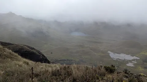 Foggy highland lakes. The water body is not securely named.