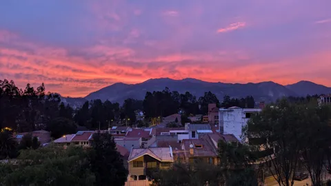 A pink sky over the town