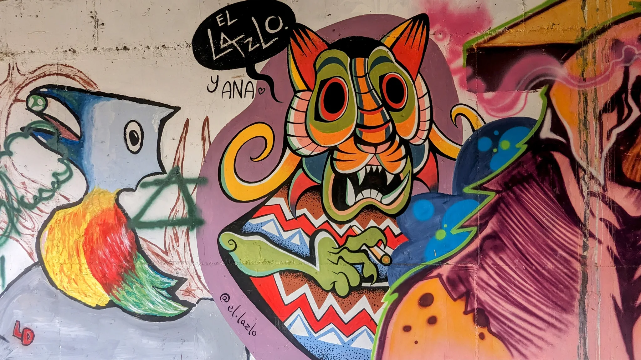 A bright mural of imagined creatures