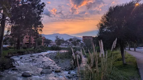 Pink evening light above the river