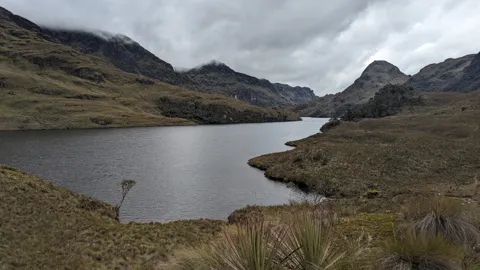 Highland lake below rocky ridges.