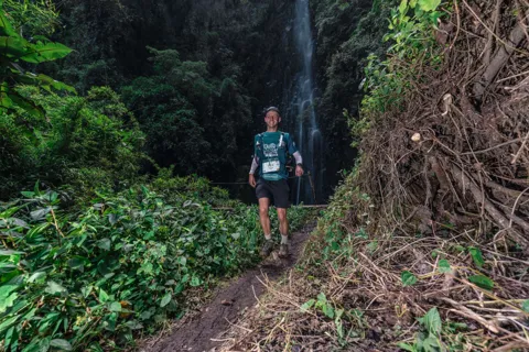 Runner on a narrow green trail