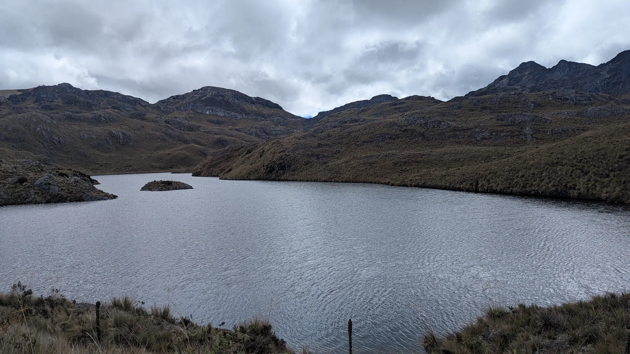 A low rocky islet breaks the surface of Laguna Riñoncocha beneath an open, cloud-covered basin.