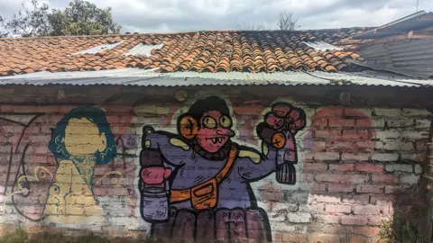 Painted figures on a brick wall