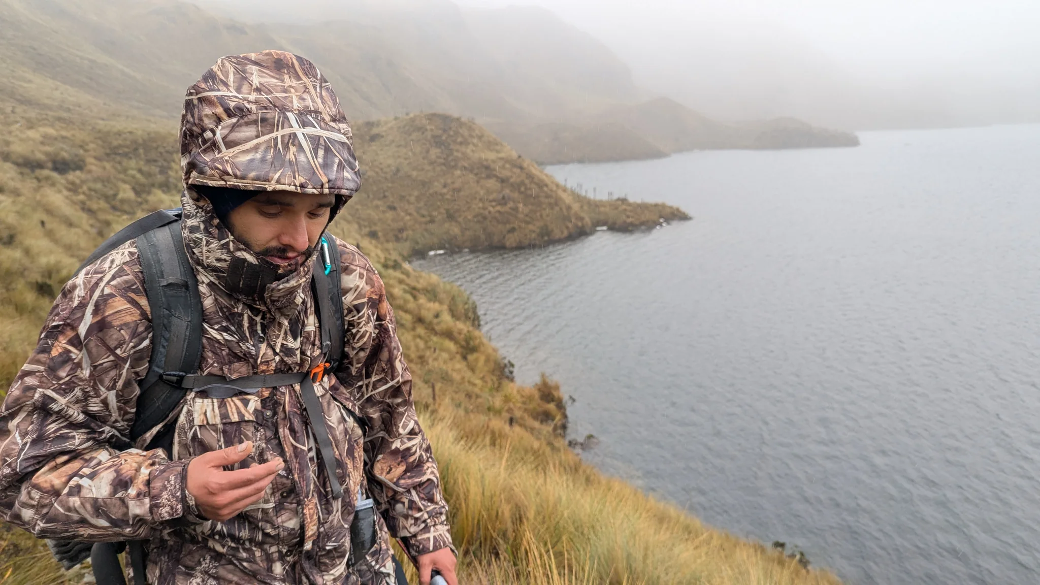 Hooded walker beside misty Lagartococha.